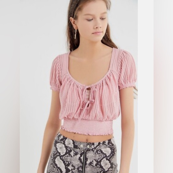 Women’s Urban Outfitters Tiara Sheer Pink Front Tie Crop Top: Size Large - Picture 4 of 8